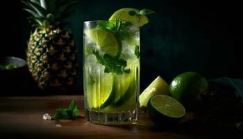 Fresh mojito with lime, mint, and ice generated by AI photo