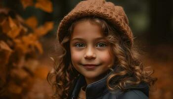 linda niña sonriente, mirando a cámara en otoño bosque generado por ai foto