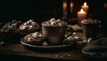 Dark chocolate cookie on rustic wood table generated by AI photo