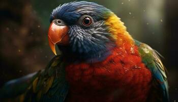 Vibrant macaw perching on branch in rainforest generated by AI photo