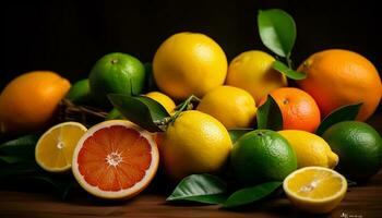 Juicy citrus fruits on wooden table, refreshing summer generated by AI photo