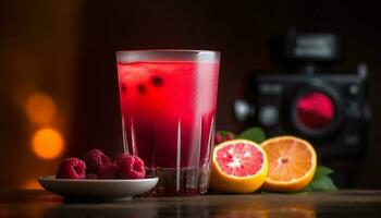 Fresh fruit cocktail on wooden table, summer refreshment generated by AI photo