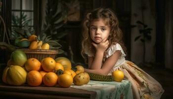 Cute girl smiling, eating fresh orange pumpkin generated by AI photo