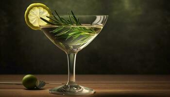 Fresh fruit martini in green glass garnished with olive generated by AI photo
