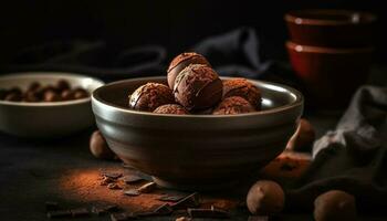 Indulgent homemade chocolate truffle on rustic wood table generated by AI photo