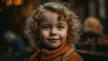 sonriente niño en invierno, mirando a cámara generado por ai foto