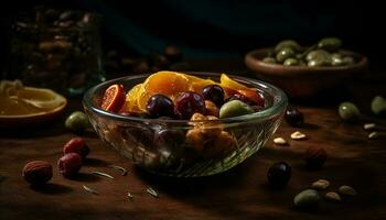 Fresh organic fruit bowl, a healthy gourmet snack generated by AI photo