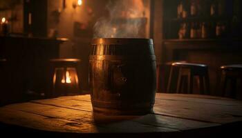 Old fashioned whiskey barrel burning with glowing flame generated by AI photo