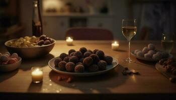 Indulgent candlelit dessert on rustic wooden table generated by AI photo