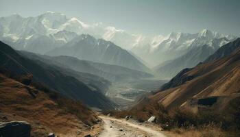 Majestic mountain range, a tranquil wilderness journey generated by AI photo