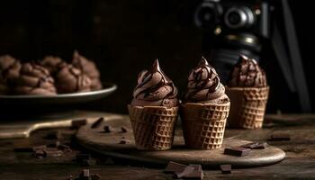 Indulgent homemade dark chocolate ice cream cone generated by AI photo