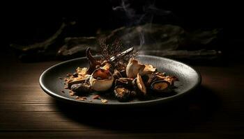 Grilled seafood plate on wood table, freshness generated by AI photo