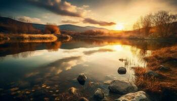 tranquilo escena de otoño bosque refleja montaña rango generado por ai foto