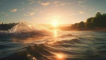 Sunrise reflection on wet wave, summer fun generated by AI photo