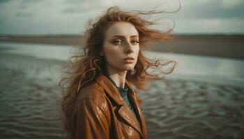 hermosa joven mujer disfruta naturaleza libertad y luz de sol generado por ai foto