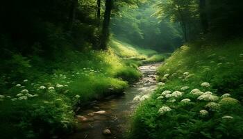 Tranquil scene of a forest in autumn generated by AI photo