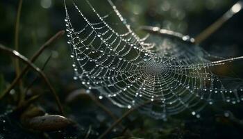 Spider web glistens with dew drops in autumn generated by AI photo