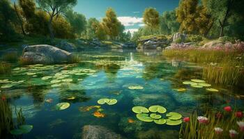 Tranquil scene of mountain pond reflects natural beauty generated by AI photo