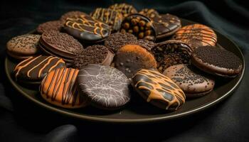 Small homemade dark chocolate cookies in a stack generated by AI photo