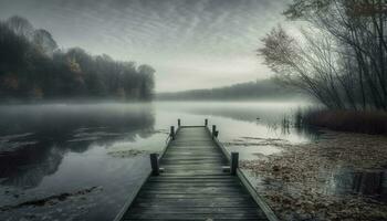 Tranquil scene of reflection on foggy pond generated by AI photo