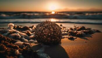 Sun sphere heats tranquil seascape, relaxation ensues generated by AI photo