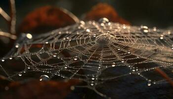 Spider silk netting captures dewdrop in autumn generated by AI photo