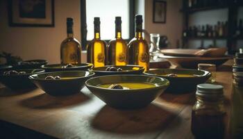 orgánico vino y Fresco verduras en rústico mesa generado por ai foto
