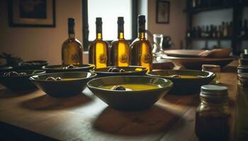 Organic wine and fresh veggies on rustic table generated by AI photo