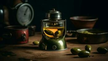 Rustic table holds old glass bottle, leafy whiskey generated by AI photo