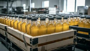 Fresh bottled drinks on production line indoors generated by AI photo