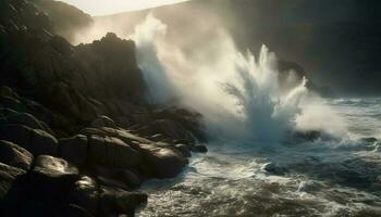 Breaking waves crash on rocky coastline, awe inspiring seascape generated by AI photo