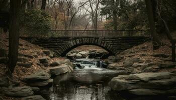 tranquilo otoño escena, hombre hecho puente terminado fluido agua generado por ai foto