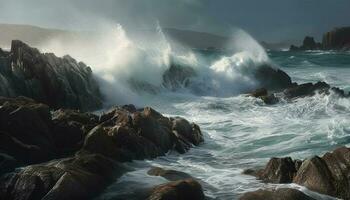 Breaking waves spray beauty in nature danger generated by AI photo