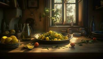 Organic citrus fruit and vegetables on rustic table generated by AI photo