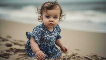 Smiling baby girl enjoys playful summer day generated by AI photo