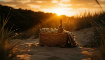 Picnic basket filled with fresh food and wine generated by AI photo