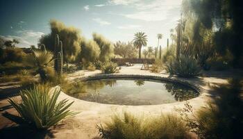 Tropical palm trees sway in tranquil reflection generated by AI photo