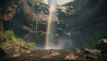 Majestic mountain range, tranquil scene, flowing water generated by AI photo