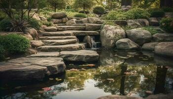 Tranquil scene of flowing water in forest generated by AI photo