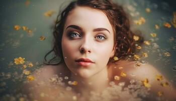 Beautiful young woman enjoys rain shower outdoors generated by AI photo