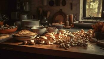 Rustic homemade vegetarian meal on wooden table generated by AI photo