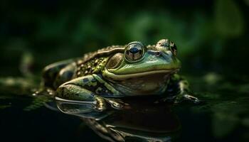 Green toad sitting on wet pond leaf generated by AI photo