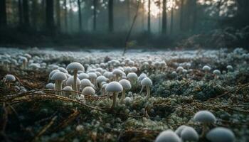 Fresco seta venenosa crecimiento en inculto bosque prado generado por ai foto