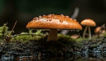 Spotted toadstool growth in wet forest meadow generated by AI photo