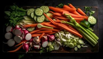 Fresh vegetables on wooden table, healthy meal generated by AI photo