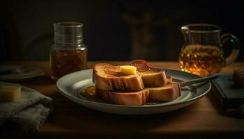 Freshly baked bread and honey on rustic table generated by AI photo