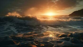 Sunrise over tranquil seascape, waves breaking softly generated by AI photo