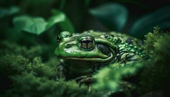 verde sapo sentado en mojado hoja, mirando generado por ai foto