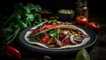 Grilled beef taco plate with fresh cilantro generated by AI photo