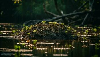 tranquilo escena de mojado reflexión en bosque estanque generado por ai foto